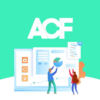 Two illustrated people interact with a large computer screen displaying icons, charts, and text. The letters "ACF" are prominently displayed above. The background is a solid teal color.