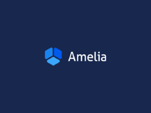 A geometric blue cube logo next to the text "Amelia" on a dark blue background.