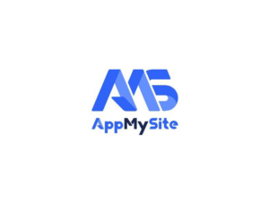 The image features the logo of "AppMySite," consisting of stylized blue letters "AMS" above the text "AppMySite," also in blue, on a white background.