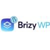 Logo for Brizy WP featuring a blue gradient square with two white stacked diamonds on the left and the WordPress logo above it. The text "Brizy" is in black and "WP" is in light blue to the right.