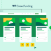 Illustration of a website interface with the text "WP Crowdfunding." It features three green and yellow project cards in a row, with a pagination section numbered 1 and 2, and a right arrow for navigation. A cloud icon is on the right.