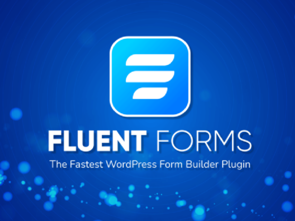 Logo for Fluent Forms featuring a stylized letter "F" in a blue square with rounded edges. Below, the text reads: "FLUENT FORMS" and "The Fastest WordPress Form Builder Plugin" on a blue background with light blue dots.