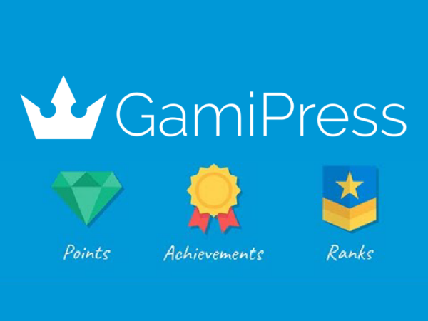 Blue background with white GamiPress logo at the center. Below, three icons: a green gem labeled "Points," a yellow medal with a red ribbon labeled "Achievements," and a blue shield with a star labeled "Ranks.