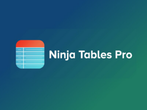 Logo with an icon resembling a table, featuring blue and red colors, next to the text "Ninja Tables Pro" on a gradient blue and green background.