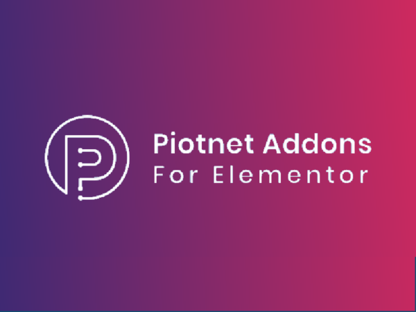 Logo of Piotnet Addons for Elementor with a stylized "P" icon on a gradient background from purple to pink.