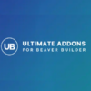 Logo of "Ultimate Addons for Beaver Builder" featuring the letters "UB" inside a circle. The background is a gradient of blue shades.