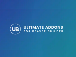 Logo of "Ultimate Addons for Beaver Builder" featuring the letters "UB" inside a circle. The background is a gradient of blue shades.