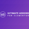 Logo of "Ultimate Addons for Elementor" on a purple background. The design features a circle with the letters "UE" inside, next to the text.