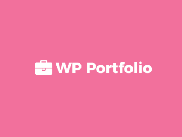 Pink background with a white icon of a briefcase and the text "WP Portfolio" in bold white font.