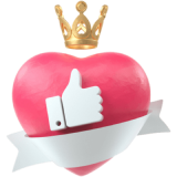 A 3D pink heart with a white thumbs-up symbol on it. The heart is wrapped with a white ribbon, and a golden crown sits on top.