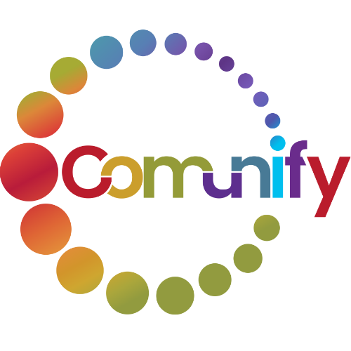 Logo featuring the word "Comunify" in multicolored letters, encircled by a gradient of dots transitioning from red to green, creating a circular motion effect.